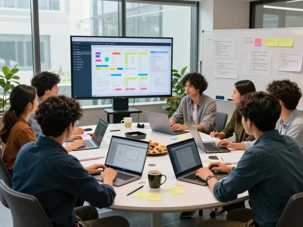 Collaborative workspace for WPS官网 software development with engineers brainstorming ideas and using technology.