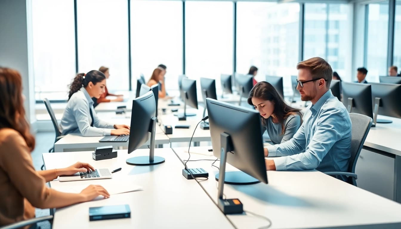 Typing Center team efficiently working in a modern office environment with computers.