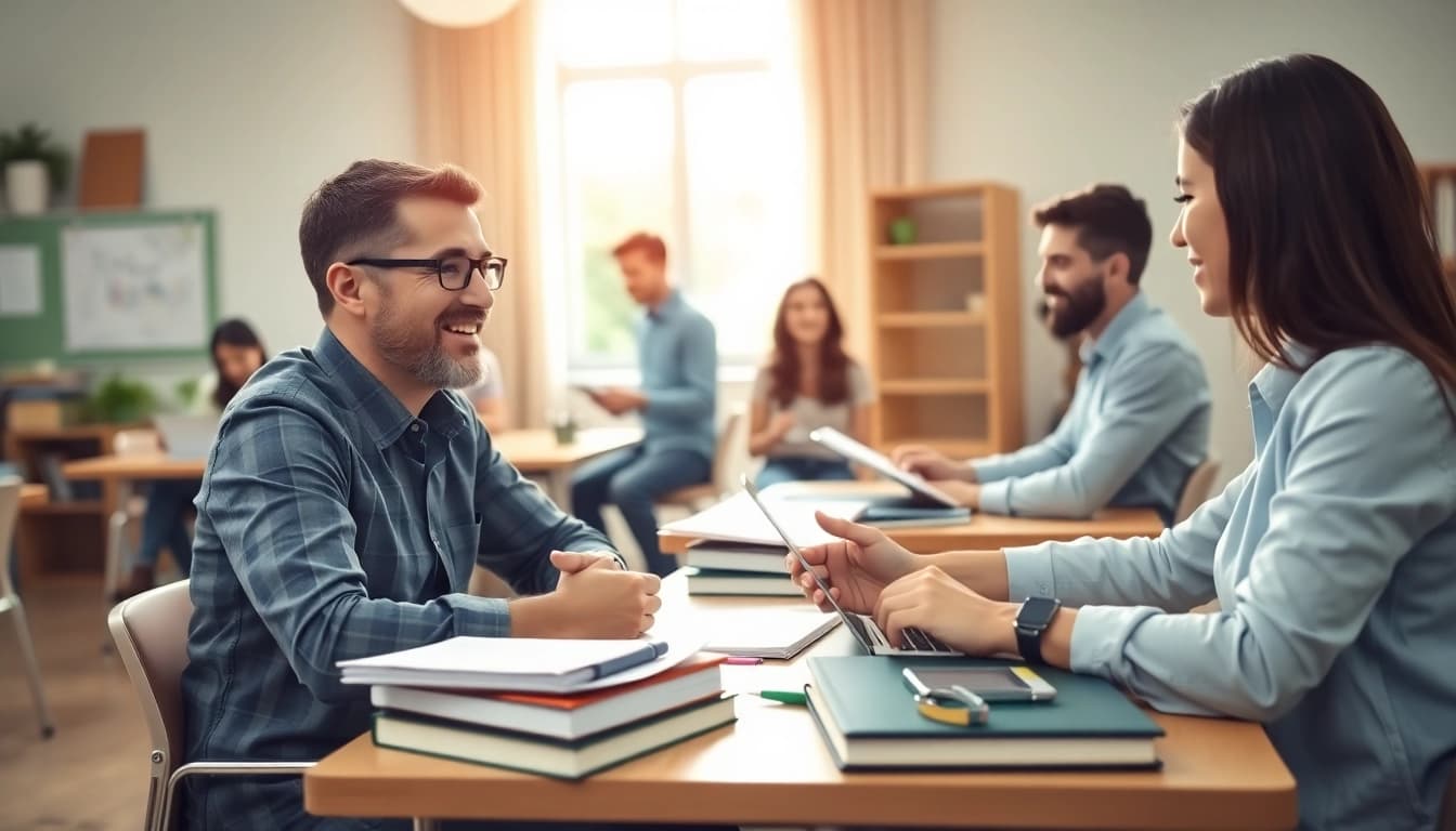 TOEFL expert help in a modern classroom with students studying collectively.