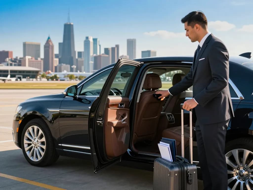 Midway airport limo service with a luxury Lincoln Continental, chauffeur assisting a traveler.