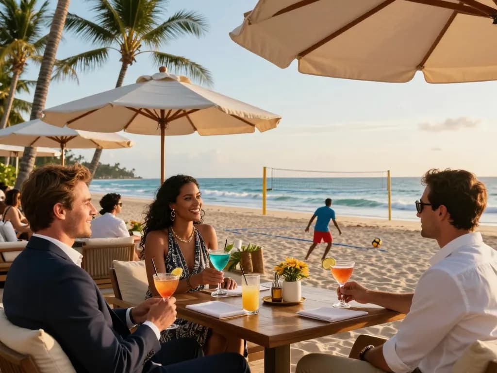 Mombasa escort listings featured in a luxurious beachside lounge, showcasing elegant individuals enjoying the coastal ambiance and vibrant social interactions.