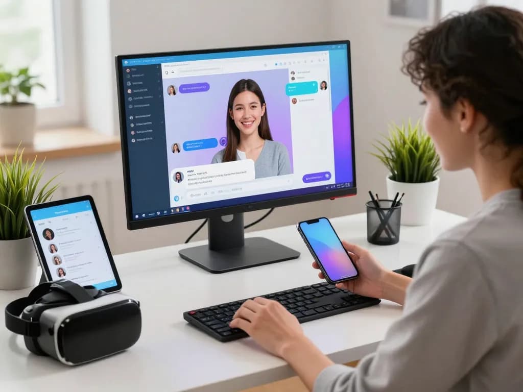 Engaging interaction with an AI girlfriend on a modern desk, showcasing advanced chatbot technology. ai gf