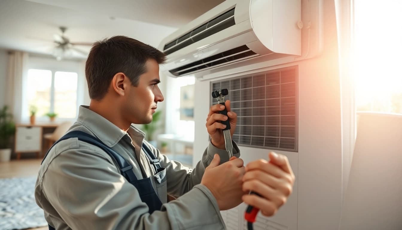 Technician engaged in Air Conditioning Repair Tampa in a residential setting.