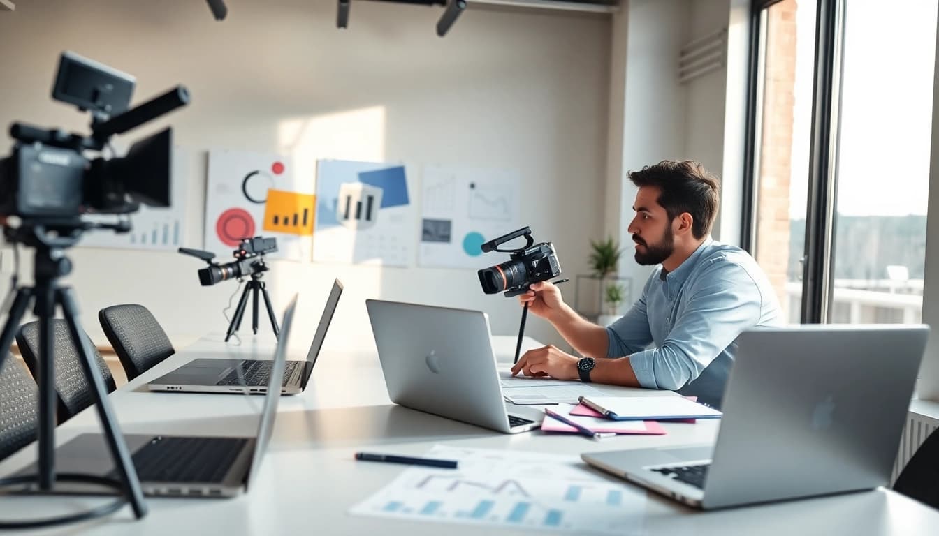 Creating a Video content strategy in a dynamic office environment with modern tools and visuals.