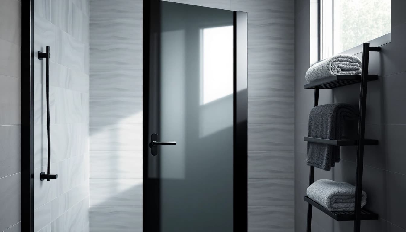 Showcasing a stunning black shower door enhancing a modern bathroom design.