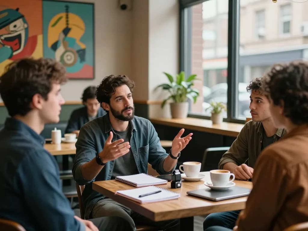 Men discussing personal growth and mental health at a café, promoting the manclub community.