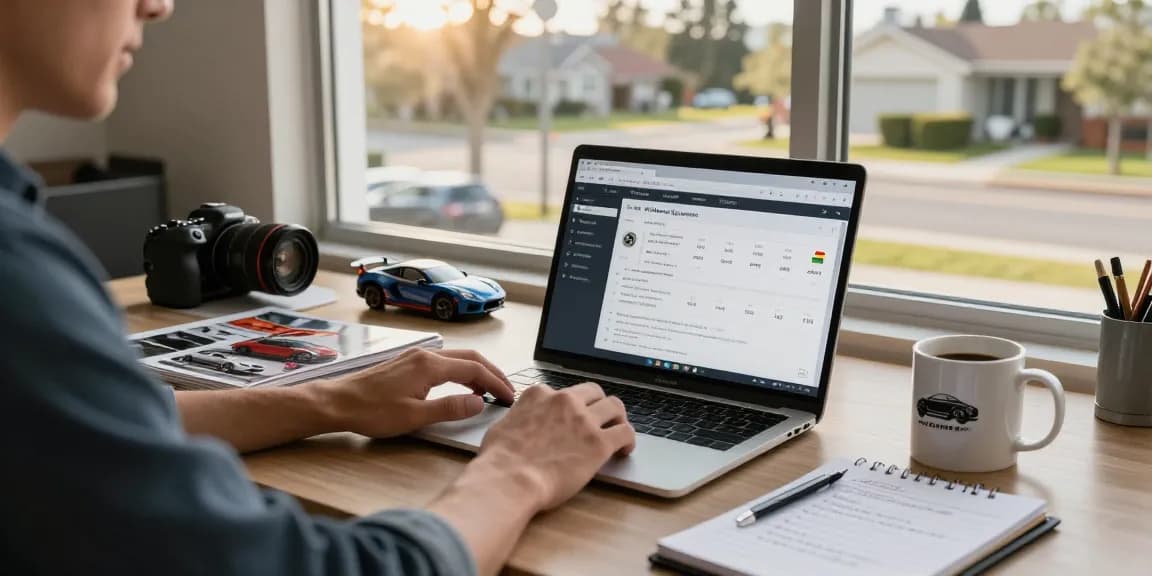 Car enthusiast evaluating HPI check alternatives in a modern office.