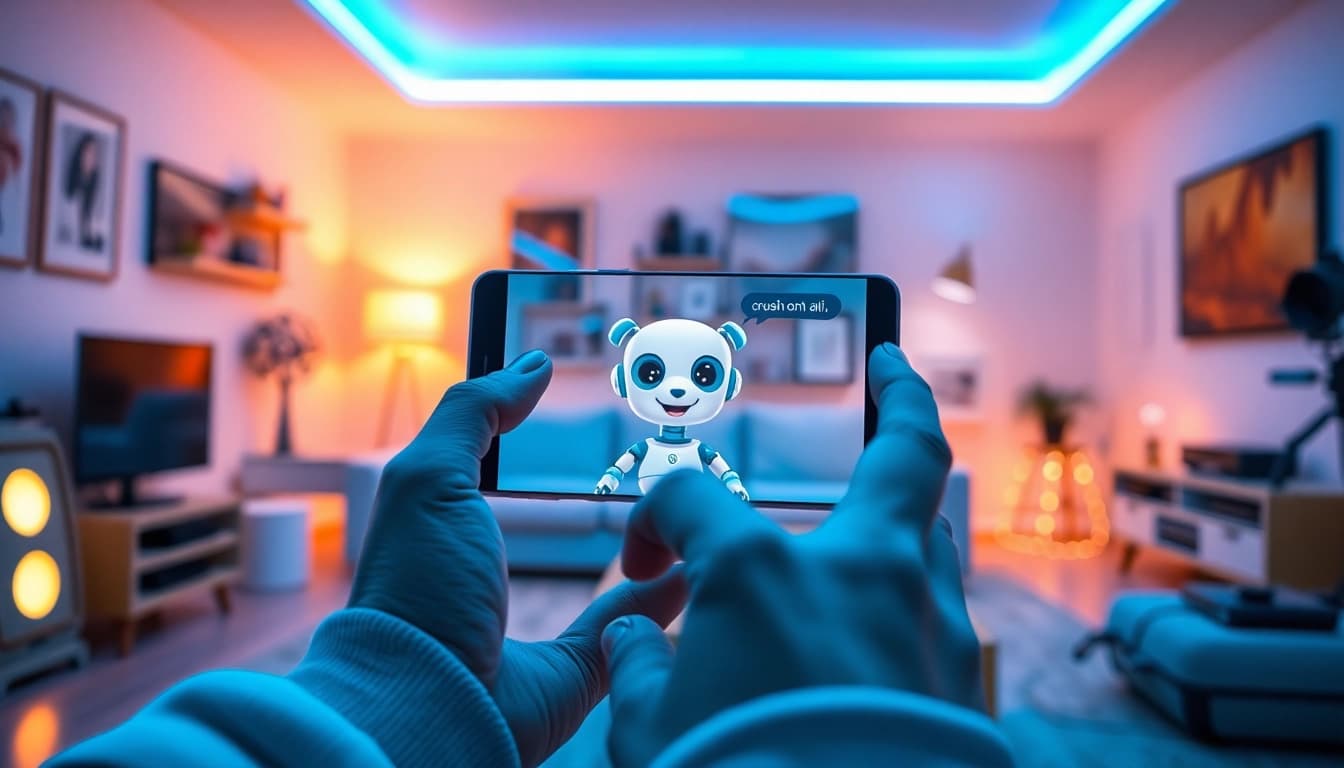 User interacting with AI character on smartphone, illustrating the concept of crush on ai through immersive technology.