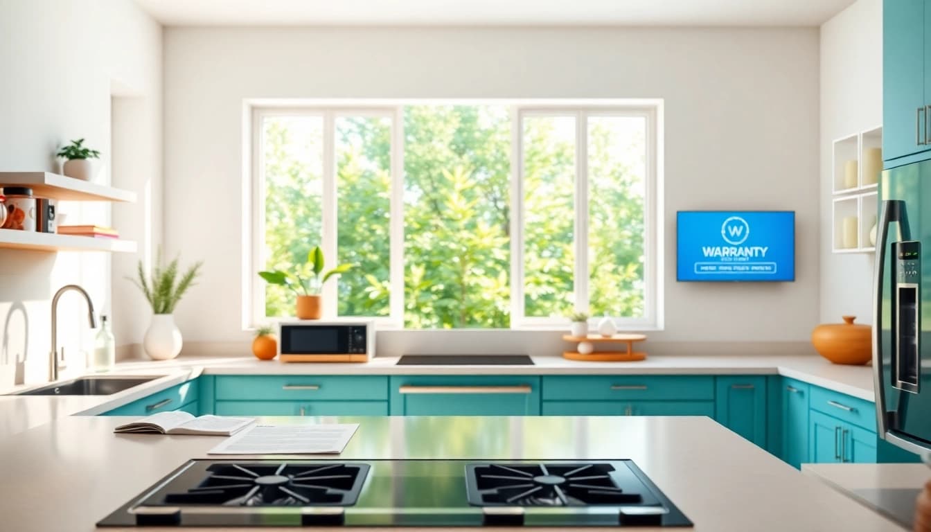 Secure your home systems and appliance warranty with a vibrant kitchen showcasing modern conveniences.