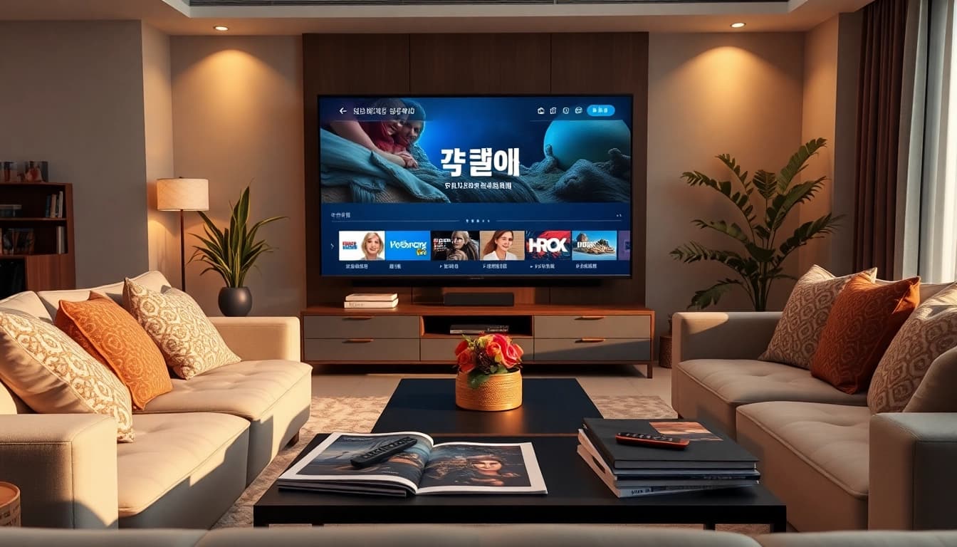 티비위키 누누티비를 보여주는 아늑한 거실 세팅, 현대적인 TV와 편안한 가구가 특징입니다.