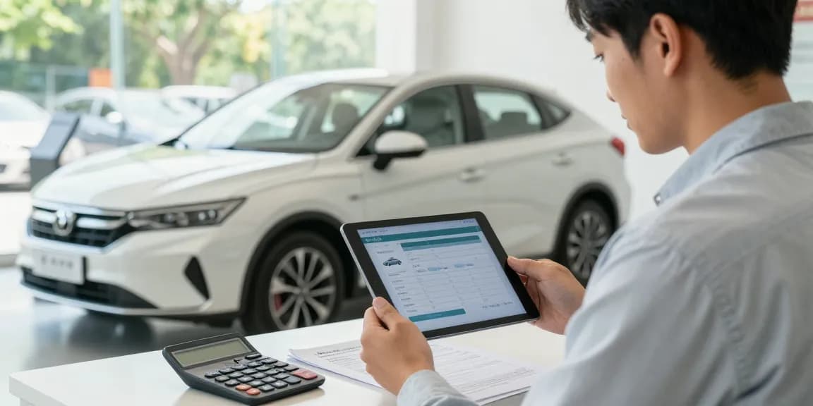 Car buyer reviewing an HPI check alternative report before buying a vehicle outdoors.