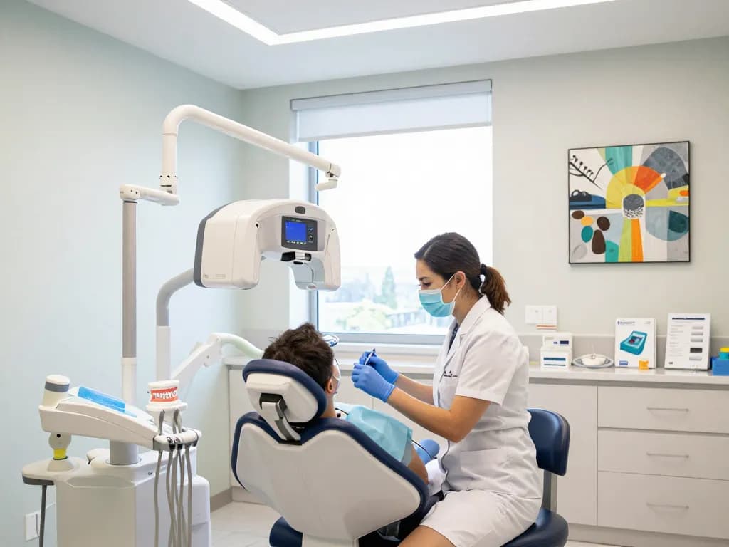 Dental news insights with a dentist providing care in a modern clinic surrounded by advanced equipment and patient comfort elements.
