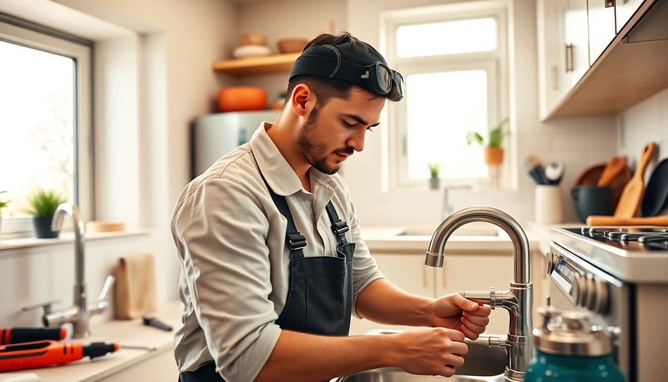 Skilled plumber near me working on a kitchen sink with modern tools and fixtures.