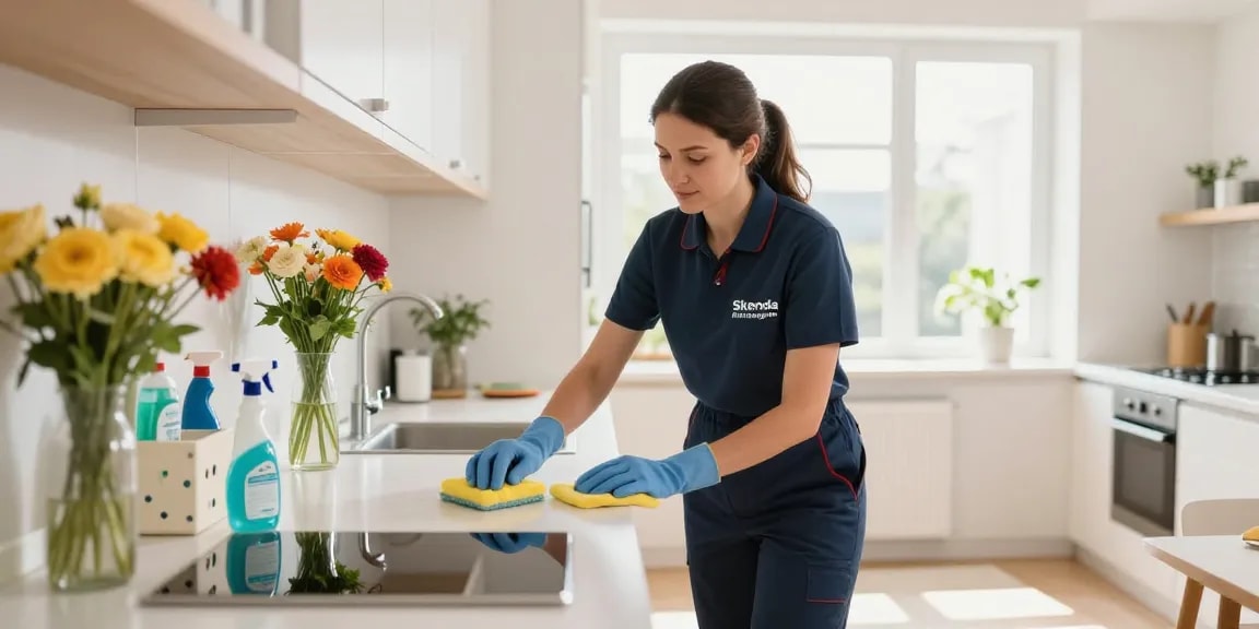 Comprehensive wohnungsendreinigung bern service showcased in a bright apartment setting, featuring a diligent cleaning professional at work.