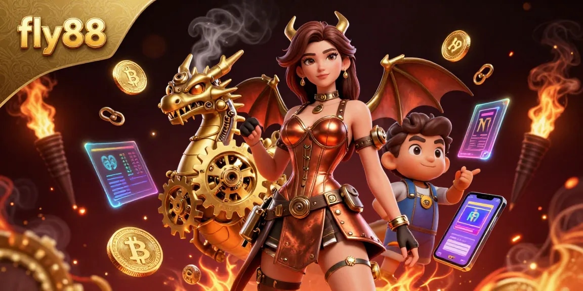 Engage with fly88 at the vibrant 3D casino scene featuring steampunk elements and crypto coins.