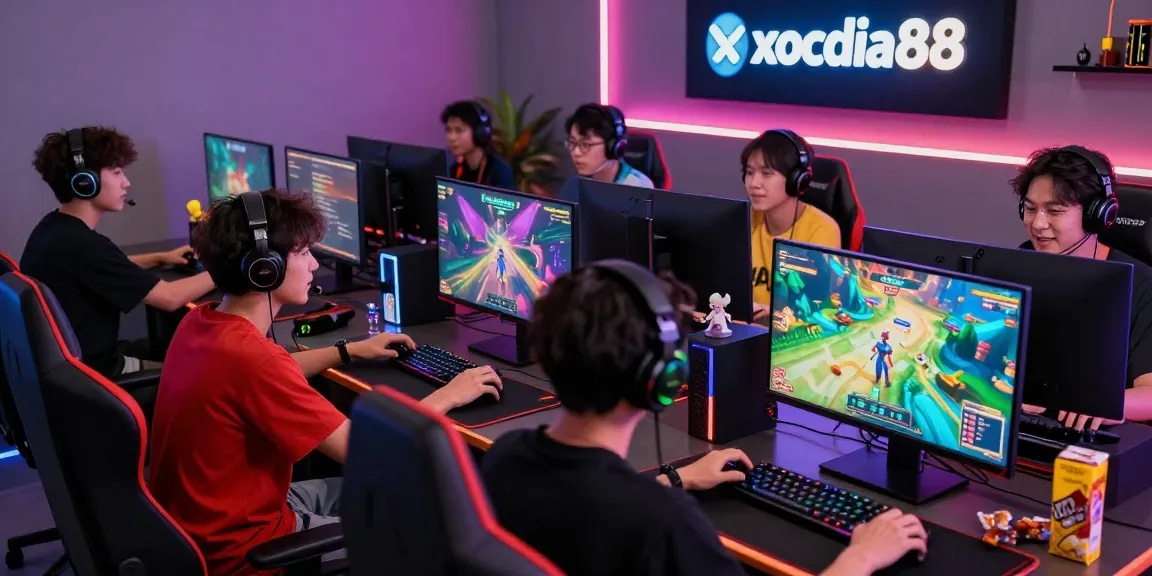 xocdia88 players engaging in vibrant online game session with colorful graphics and modern setup