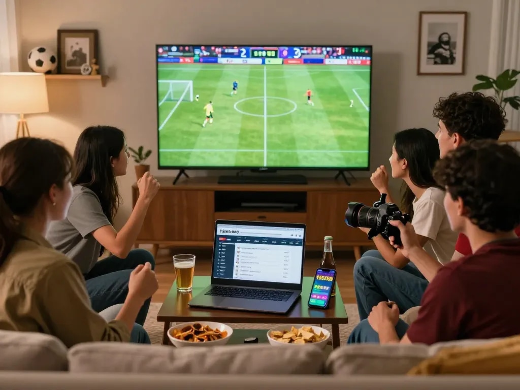 Friends enjoying a football match together while checking live scores on 1gom site.