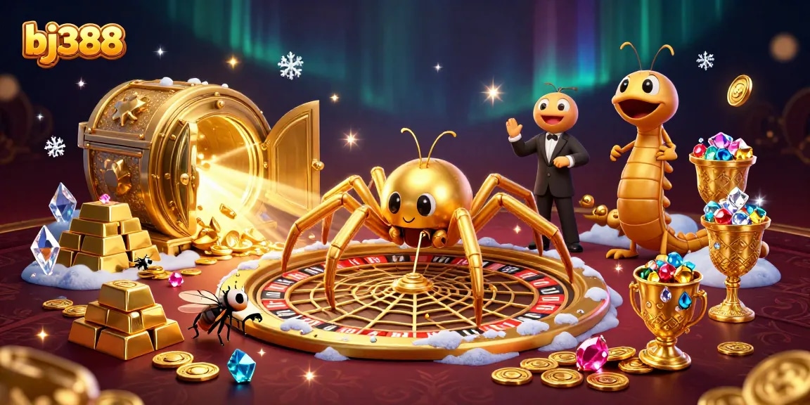 Bet on bj388 with a dynamic roulette web spun by a golden spider, surrounded by treasures.