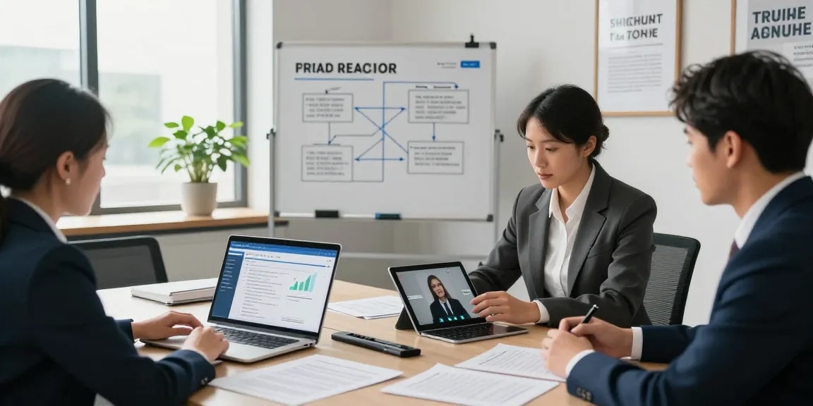 Business professionals discussing document fraud detection software in a modern office setting.