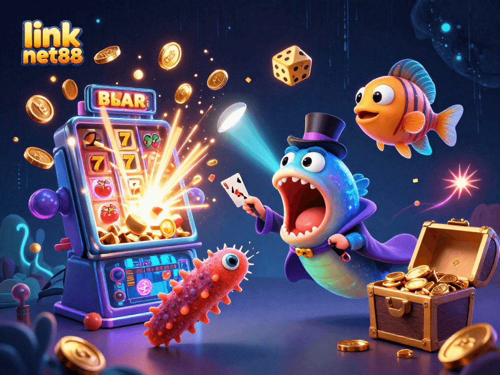 Watch the bioluminescent deep-sea gulper eel magic act in link net88’s vibrant casino illustration.