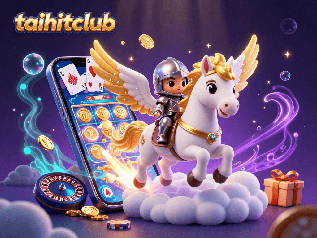 Experience immersive gameplay with taihitclub as a celestial knight rides a magical horse amidst casino elements.