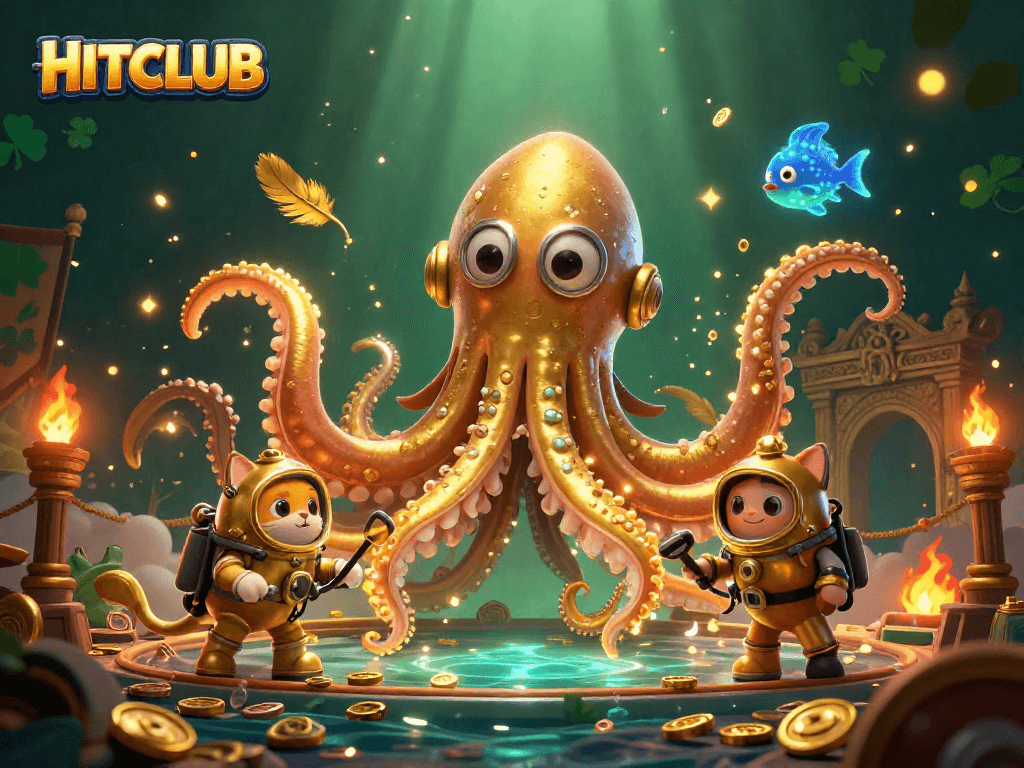Engage in thrilling gameplay at HITCLUB, featuring a kraken, diving cat, and mystical fish.