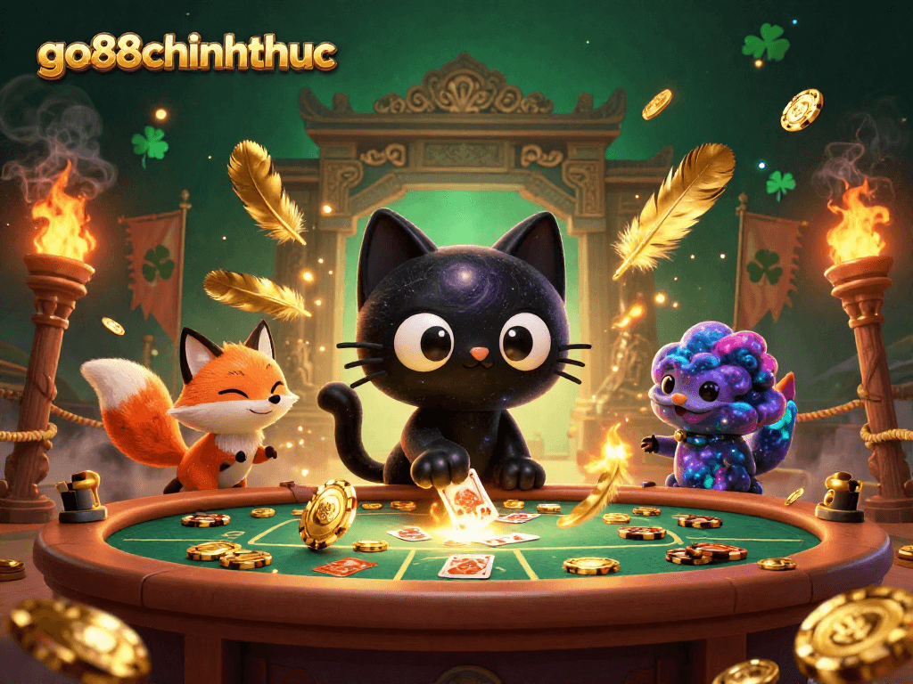 Engage with the cosmic casino adventure of go88chinhthuc featuring a black hole cat attracting golden chips.