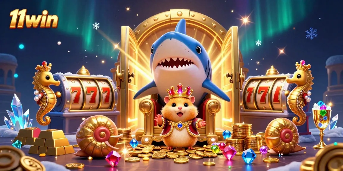 Experience thrilling wins with 11win, featuring a charming hamster king in a vibrant, treasure-filled casino.