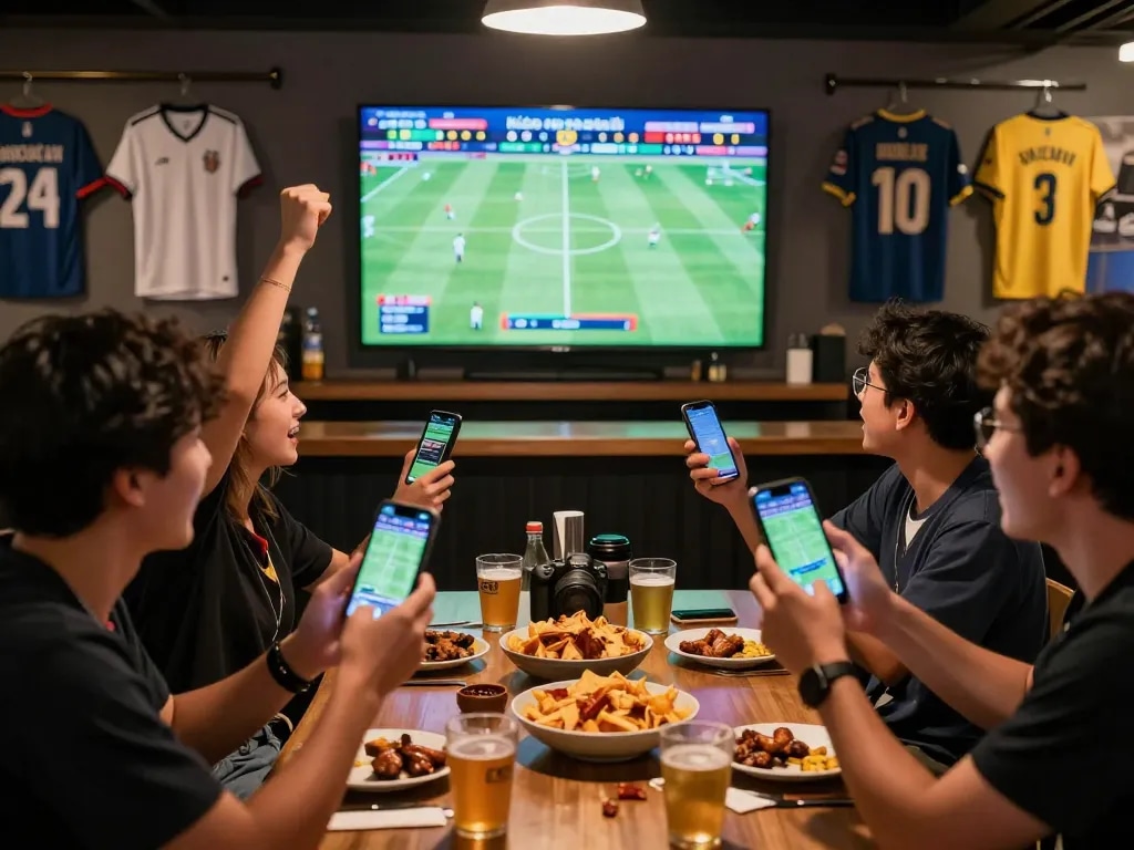 Fans engaged in lively discussion over kèo bóng đá at a sports bar, with screens displaying live match stats.