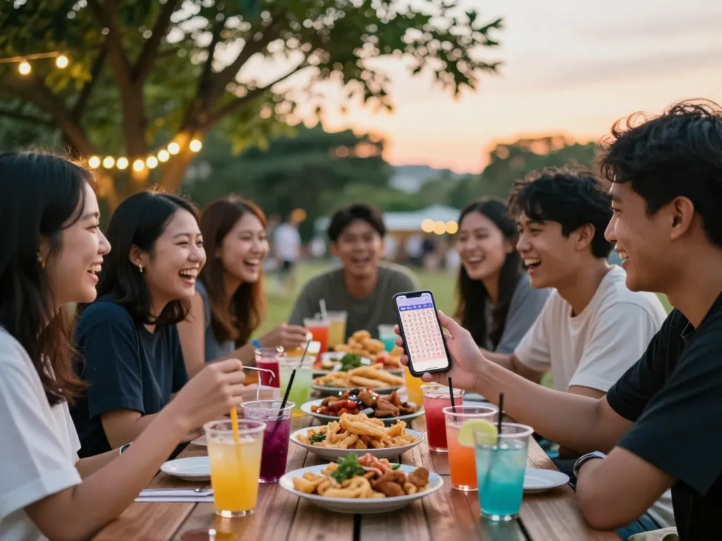 Sahabat merayakan hasil Pengeluaran HK dengan makanan ringan dan minuman.
