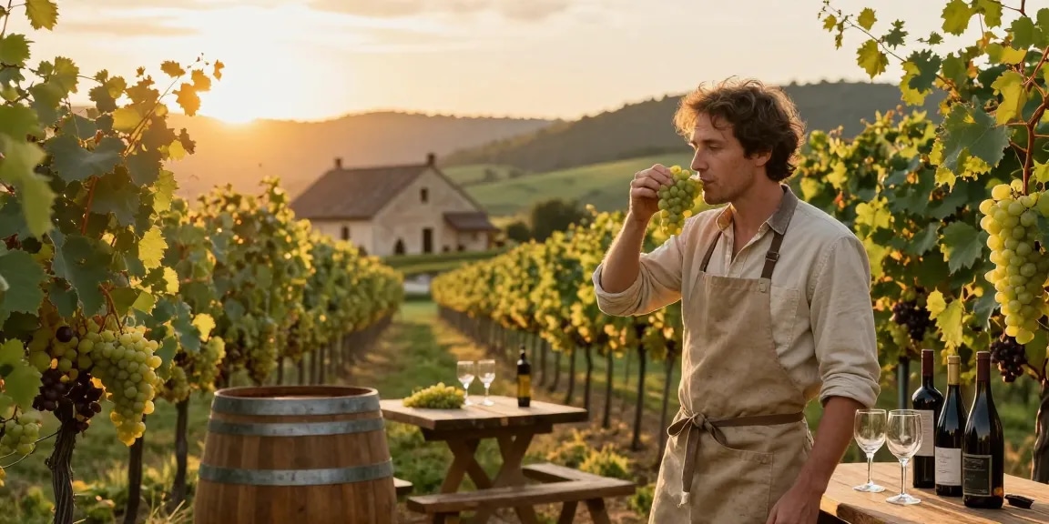 Winemaker at Chattoowines tasting grapes in a vineyard at sunset.
