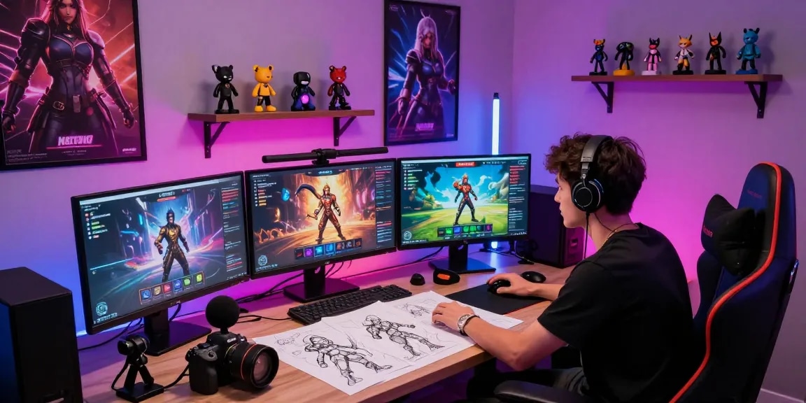 Creative workspace showcasing cutting-edge nsfw ai game designs with vibrant lighting and interactive elements.