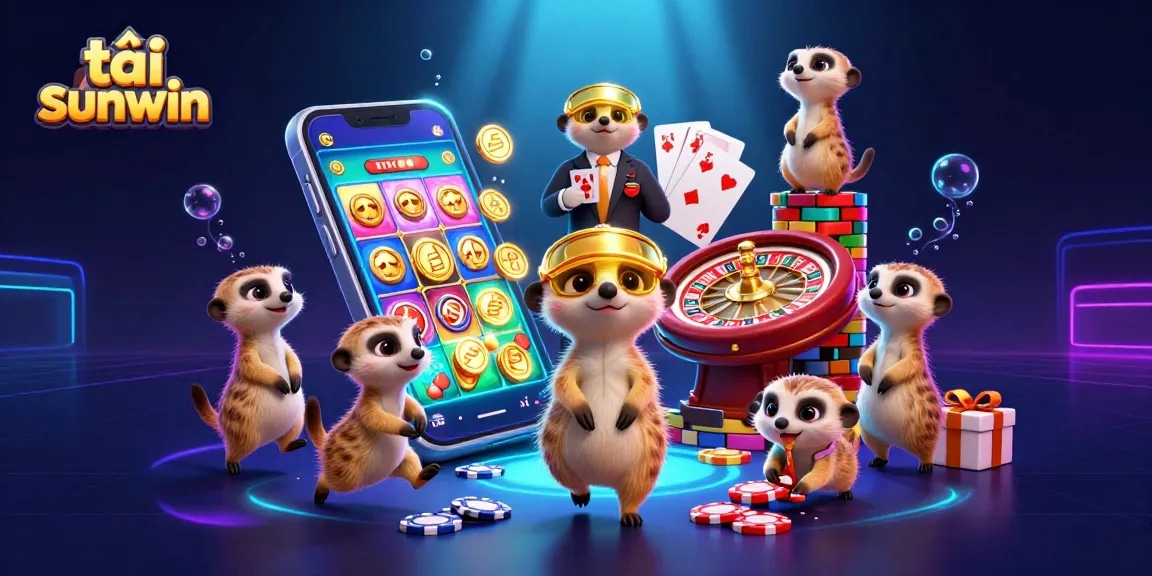 Engage with tải sunwin in this vibrant casino scene featuring animated meerkats, slot games, and casino elements.