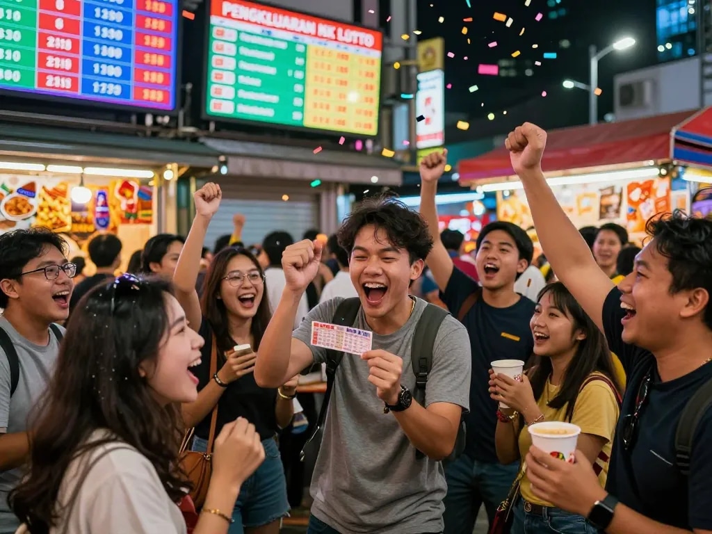 Perayaan hasil Pengeluaran HK Lotto di suasana perkotaan yang hidup dengan berbagai individu.