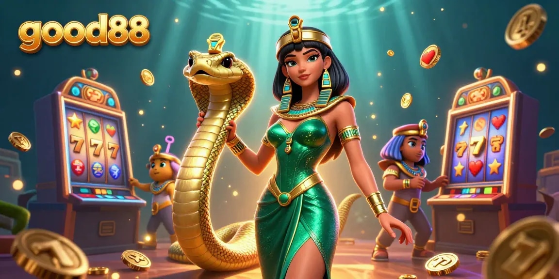Spin the reels at good88 with stunning lady and her golden cobra companion in an opulent casino.