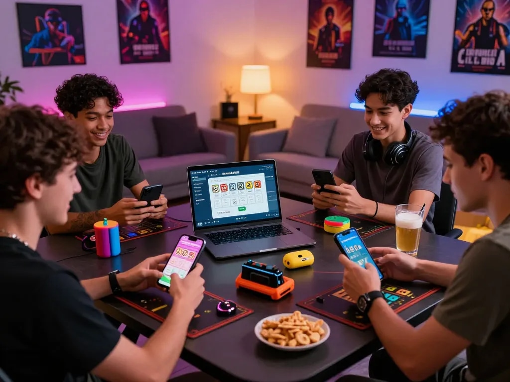 Friends enjoying a lively lô đề online gaming night with phones and snacks.