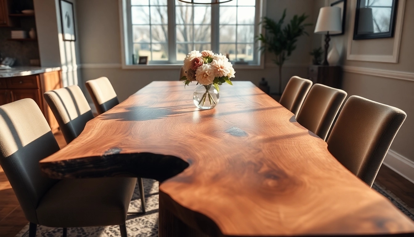 Custom dining table with live edge design in a warm dining setting