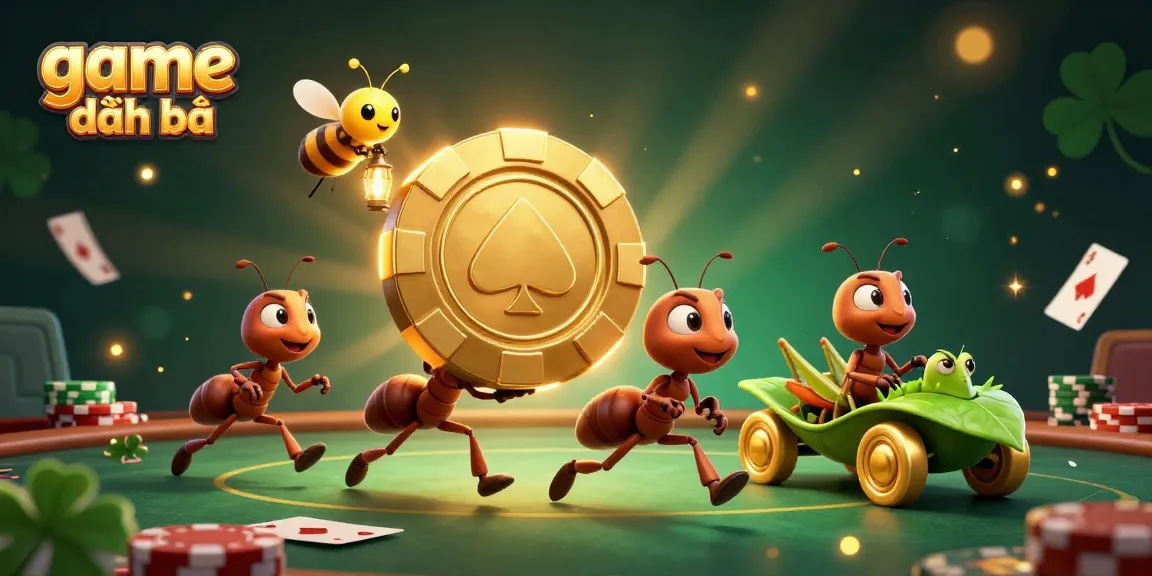 Engage in game đánh bài as ants heist a giant poker chip amid vibrant casino visuals.