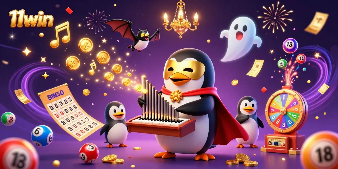 11win features a vibrant scene with a phantom penguin and colorful lottery elements celebrating wins.