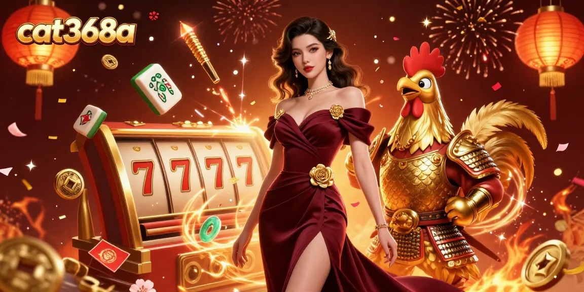Join the excitement at cat368a with a glamorous scene featuring a stylish lady and a golden rooster warrior amidst vibrant casino elements.