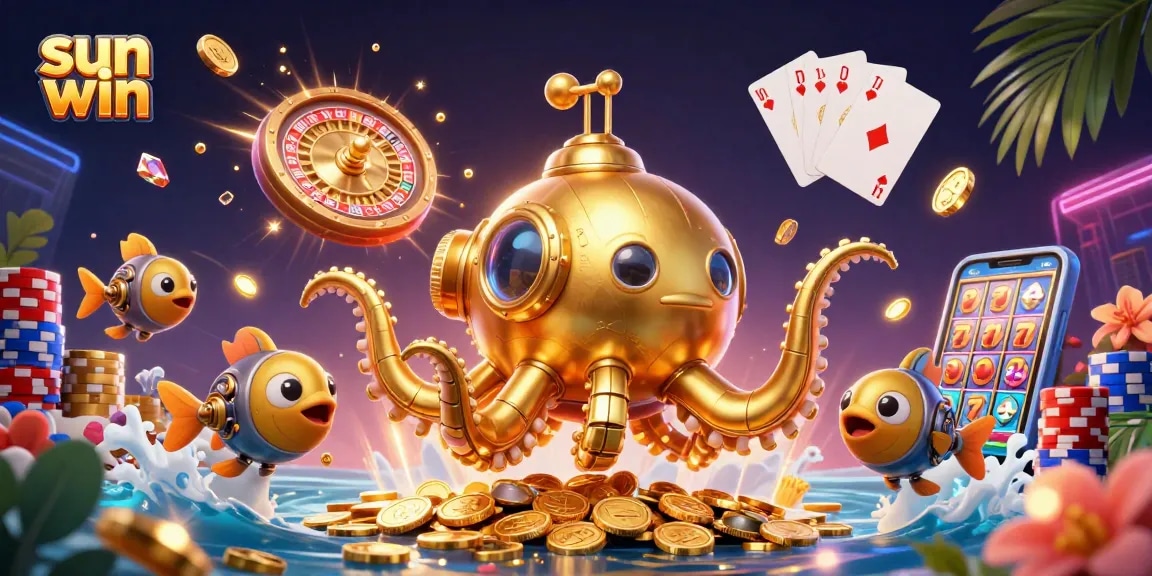 Win with the sun win at this vibrant 3D casino scene featuring golden kraken and exciting game elements.