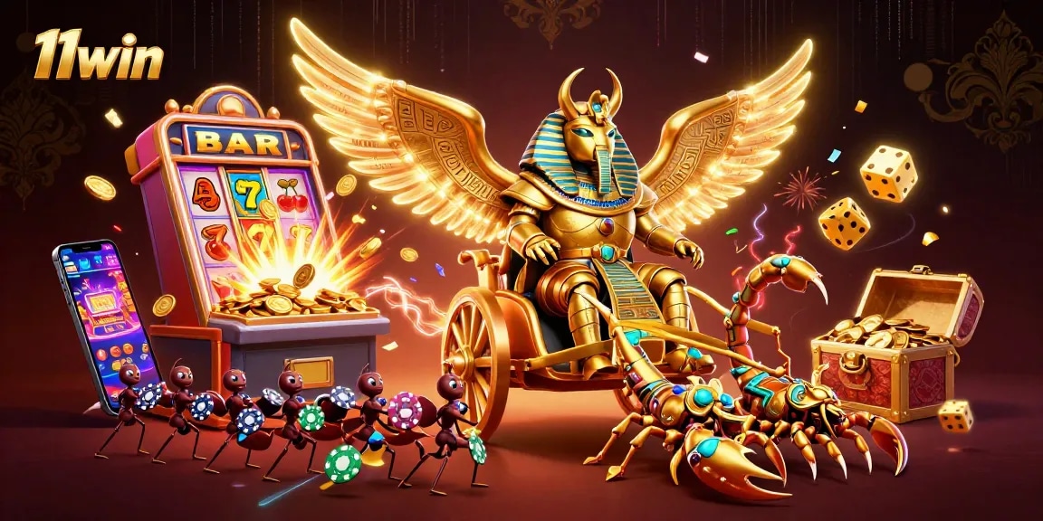 Engage with 11win's thrilling casino experience featuring characters and iconic game elements.