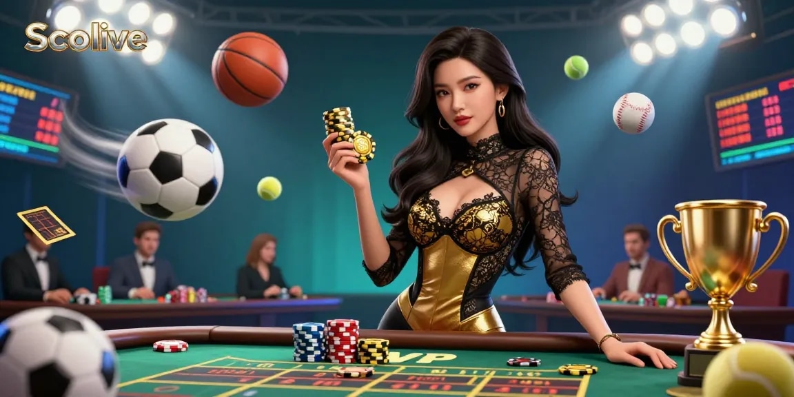 Socolive elevates sports betting excitement with a glamorous Asian woman at a VIP table, showcasing high-value chips.
