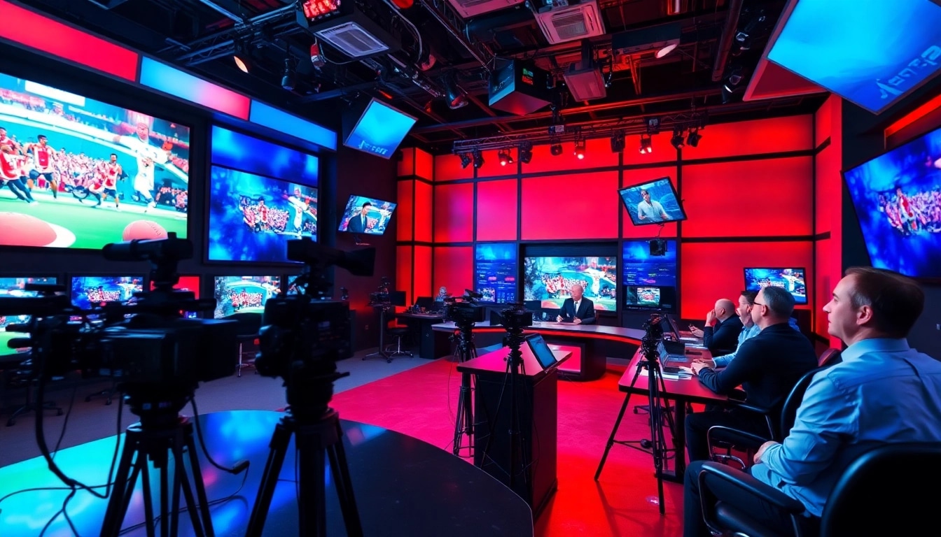 Engaging sports broadcasting studio with hosts and vibrant graphics during a live event.