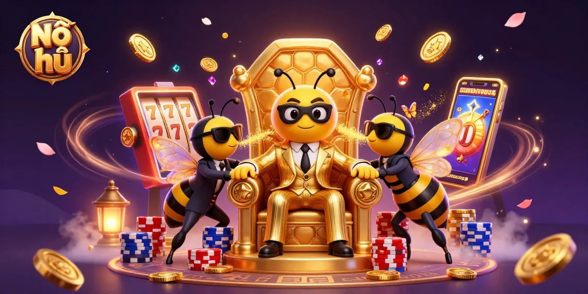 Nổ hũ slots showcase vibrant winning jackpots and prizes in a casino-themed illustration