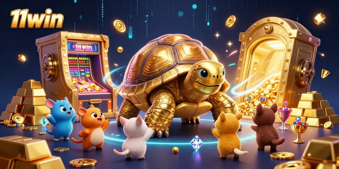 Experience thrilling gameplay at 11win with a vibrant illustration of a colossal golden tortoise as a pinball machine.