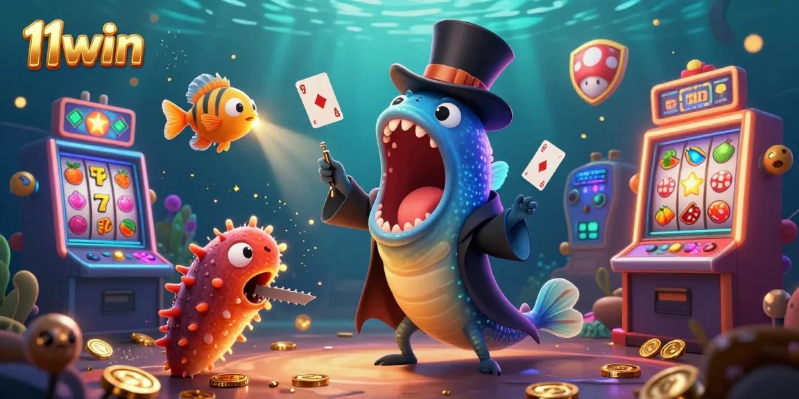 Experience the thrilling magic of 11win with lively casino creatures performing card tricks.