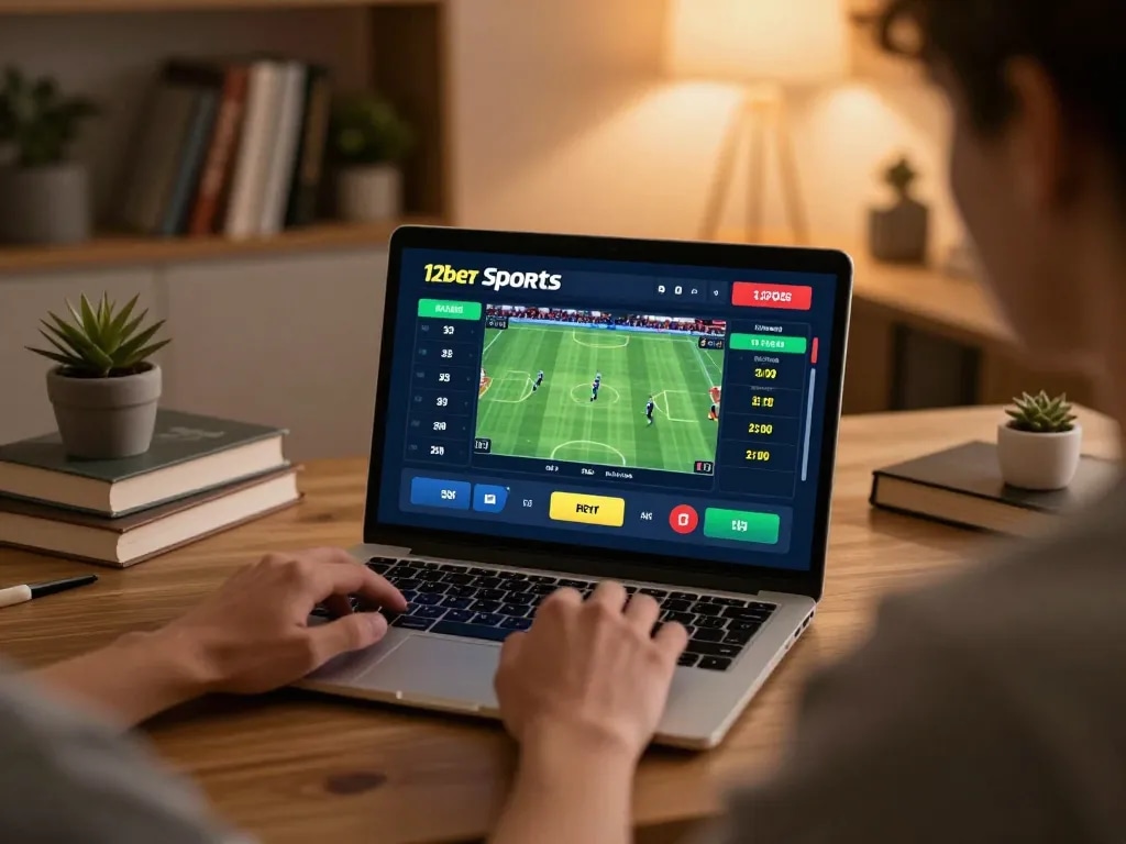 Cá cược thể thao qua 12bet trên máy tính xách tay trong một văn phòng tại nhà thoải mái.