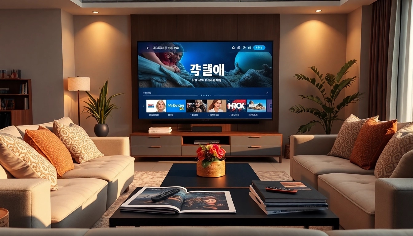 티비위키 누누티비를 보여주는 아늑한 거실 세팅, 현대적인 TV와 편안한 가구가 특징입니다.