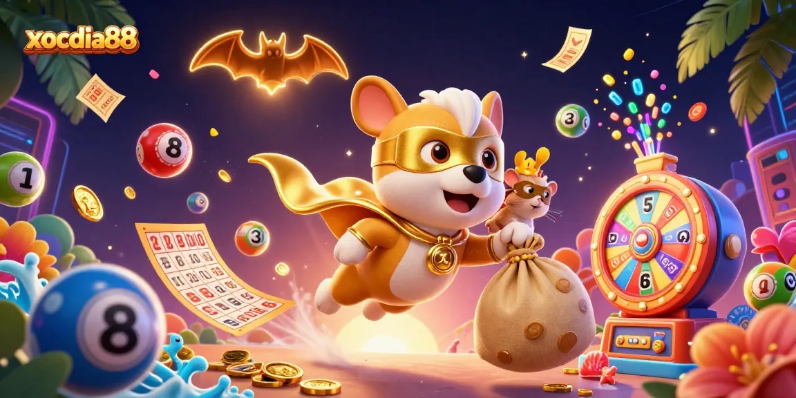 Xocdia88 elevates gaming fun with a 3D superhero dog and colorful lottery elements in a vibrant casino context.